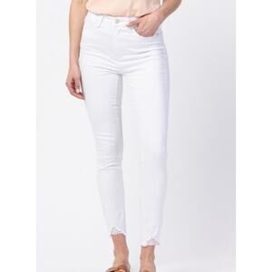 Judy Blue White HR Destroyed Hem Skinny Jeans Size 15/32 Grunge Boho Coastal